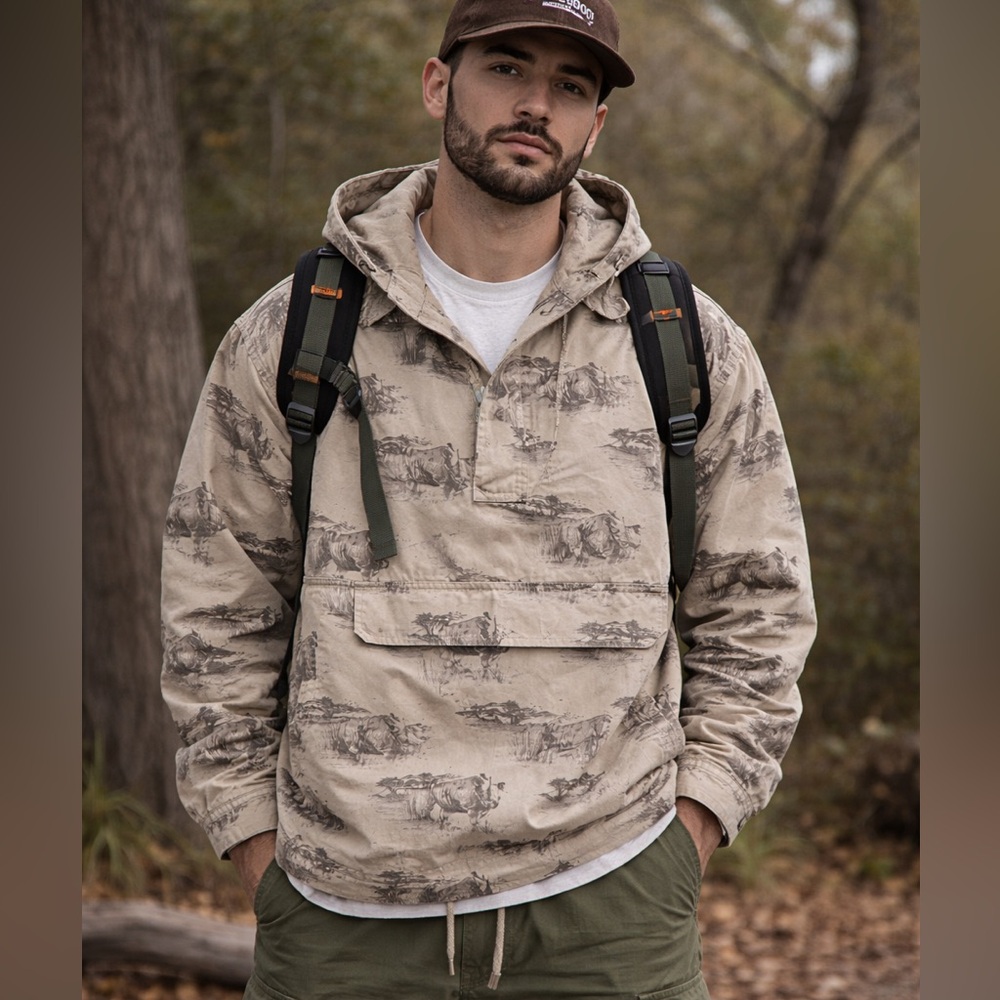 ECKŌ UNLTD Mens L Rhino Print Hooded Anorak Jacket Y2K Gorpcore Streetwear